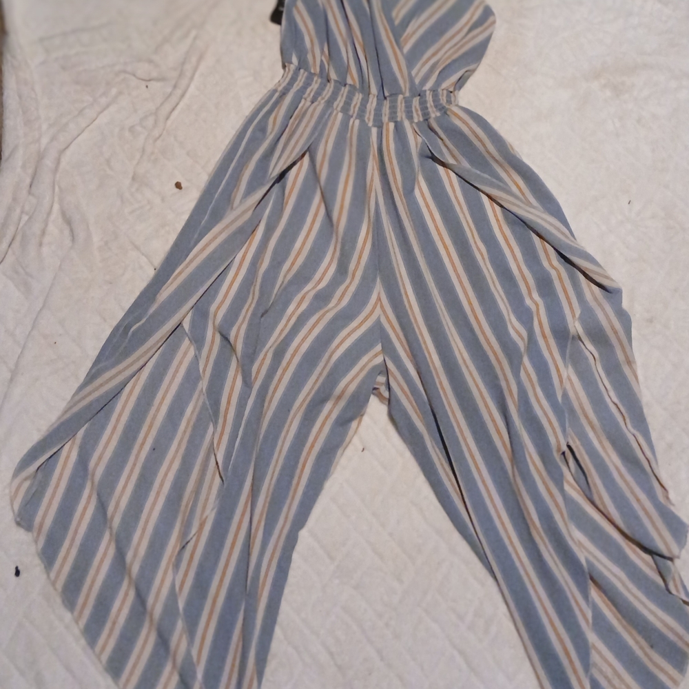 Blue and White Striped Wide-Leg Jumpsuit